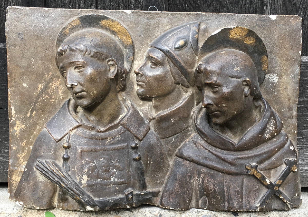 Stucco Bas-relief, St. Francis And St. Bruno Surrounding A Bishop. France, Late 19th Century