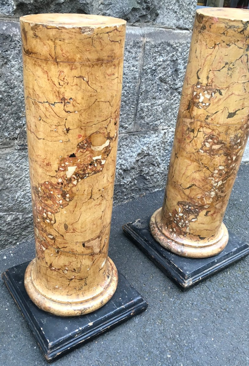 Paire de colonnes gaines pour bustes. Scagliola, stuc faux marbre de Sienne . Italie XIXe -photo-3