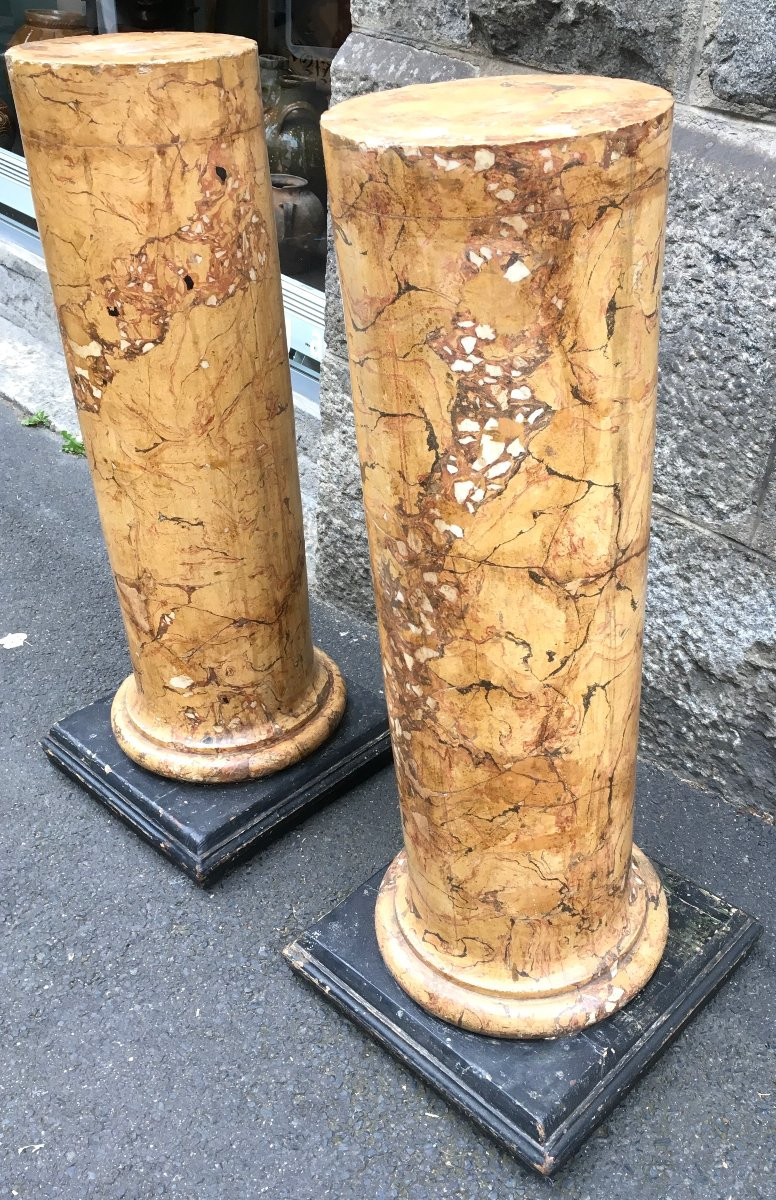 Paire de colonnes gaines pour bustes. Scagliola, stuc faux marbre de Sienne . Italie XIXe -photo-4