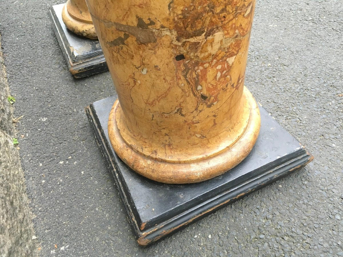 Paire de colonnes gaines pour bustes. Scagliola, stuc faux marbre de Sienne . Italie XIXe -photo-5