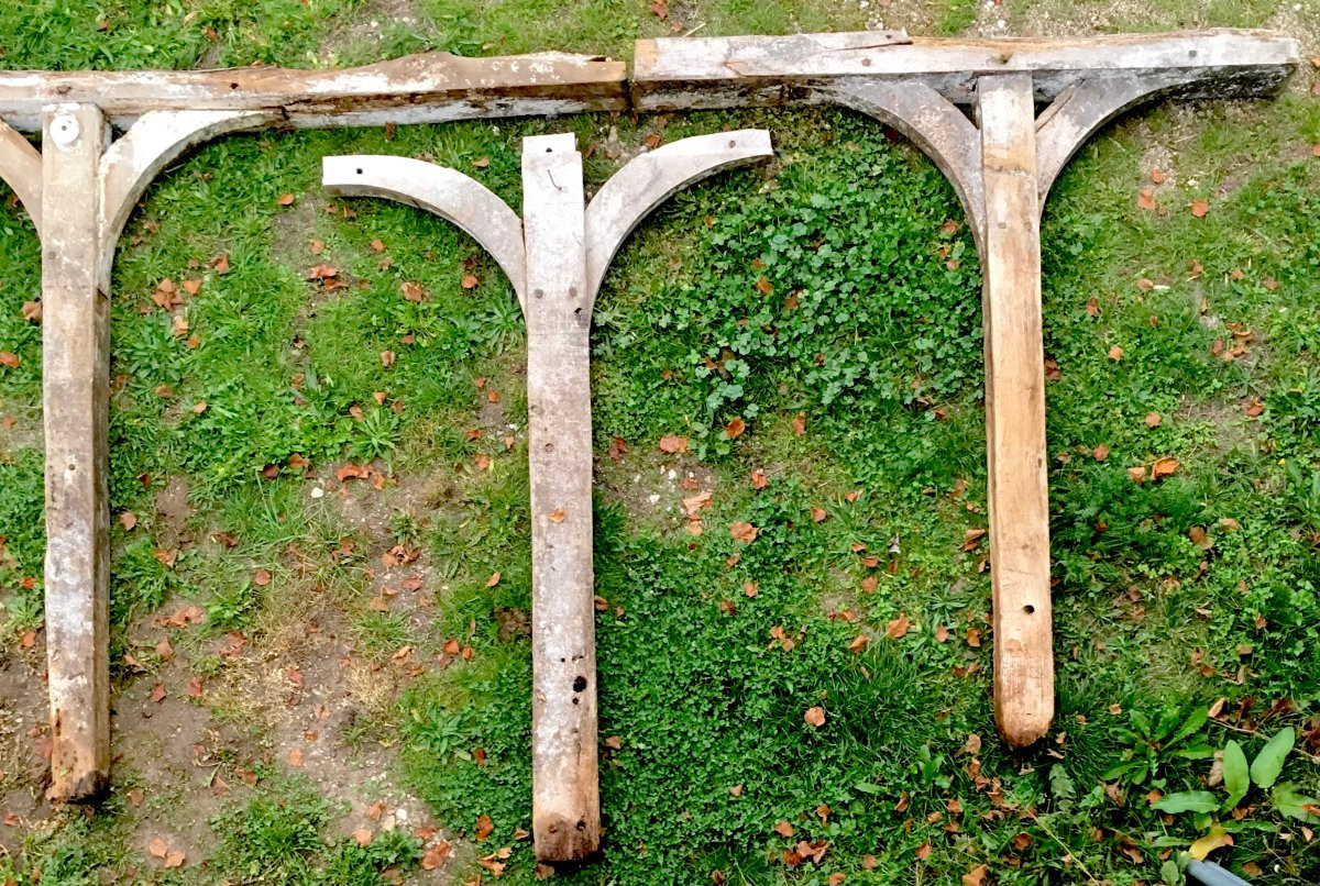 Set Of 5 Antique Oak Pillars And Crosspieces For A Shelter, Courtyard. France, 19th Century-photo-2