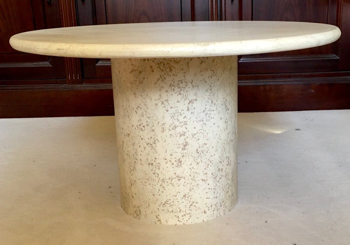 Vintage Round Travertine Coffee Table. France, 1970s. -photo-4