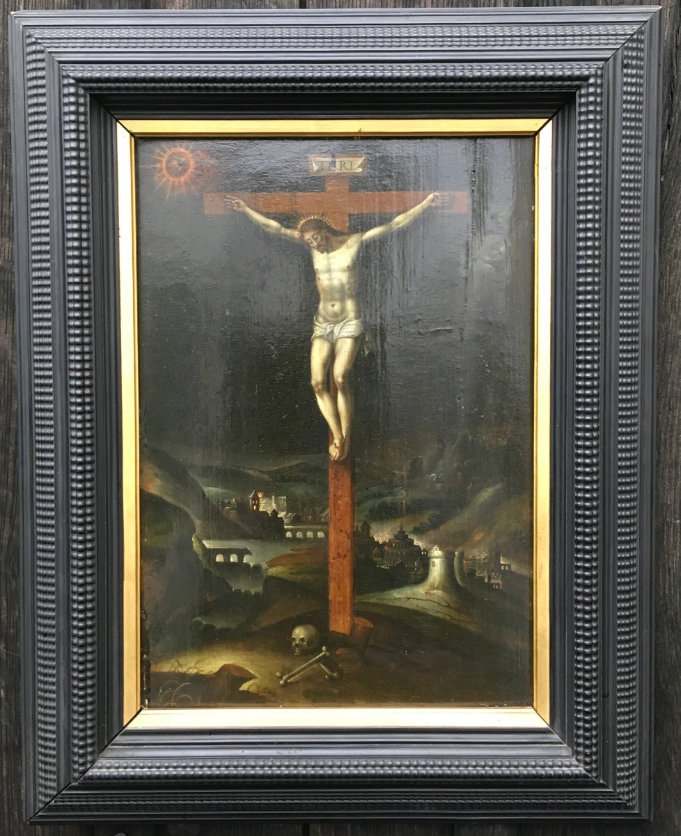 Oil On Oak Panel, Christ On The Cross. Flanders, Late 16th Century. -photo-2