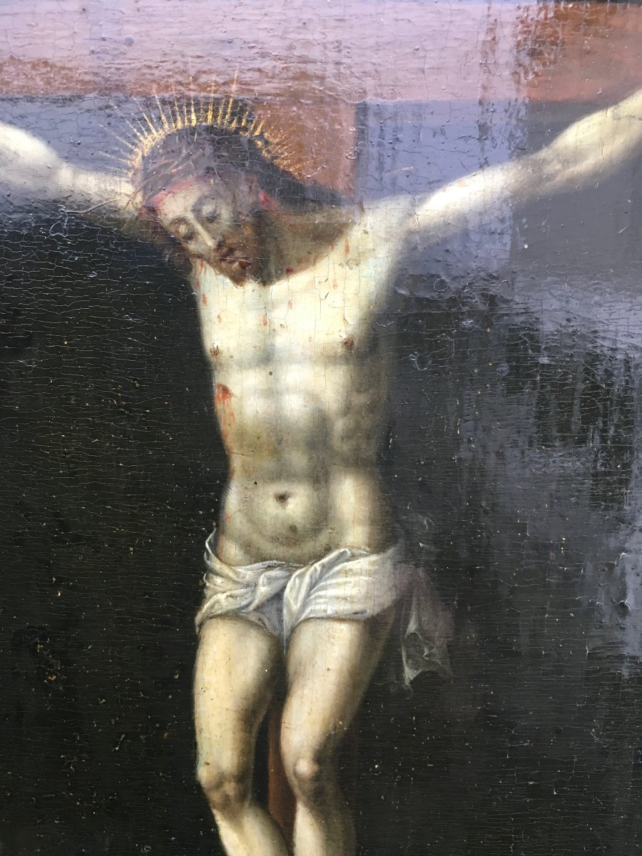 Oil On Oak Panel, Christ On The Cross. Flanders, Late 16th Century. -photo-1