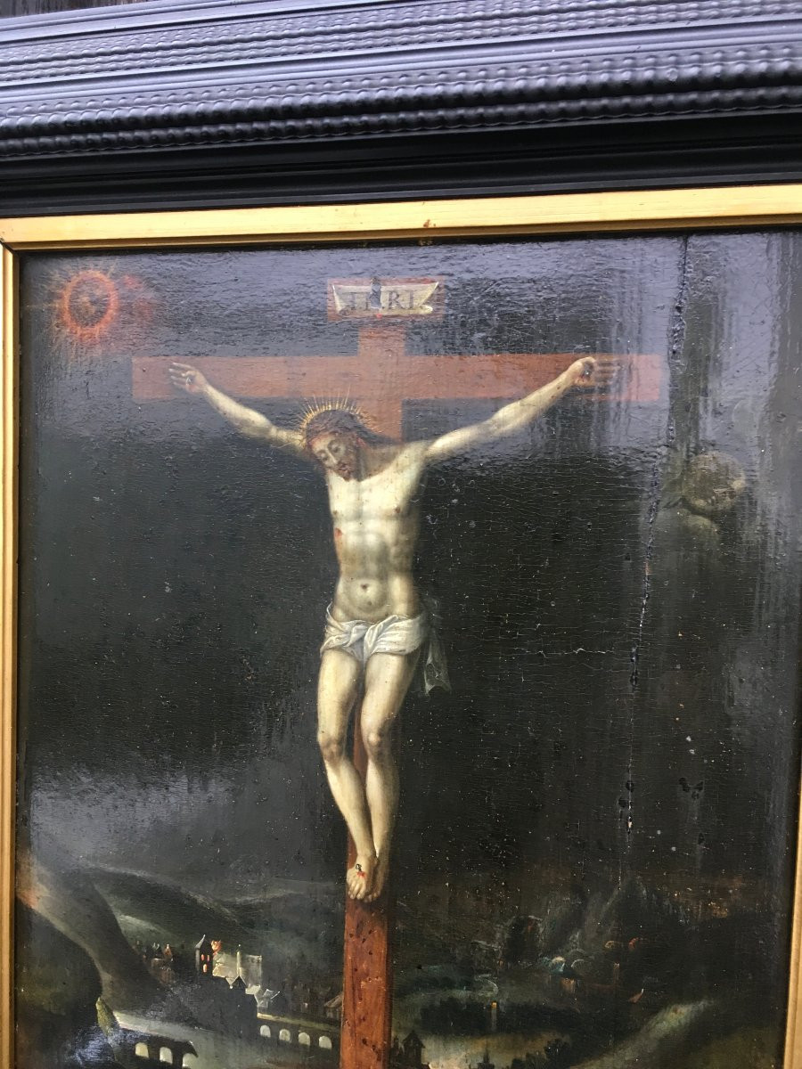 Oil On Oak Panel, Christ On The Cross. Flanders, Late 16th Century. -photo-4
