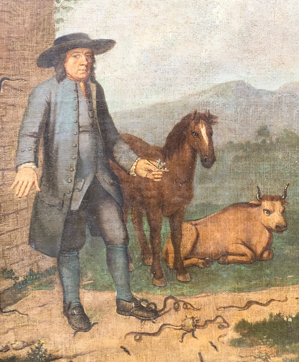 Oil On Canvas. Veterinarian Holding A Flaming Knife With Animals. France, Late 18th Century. -photo-2