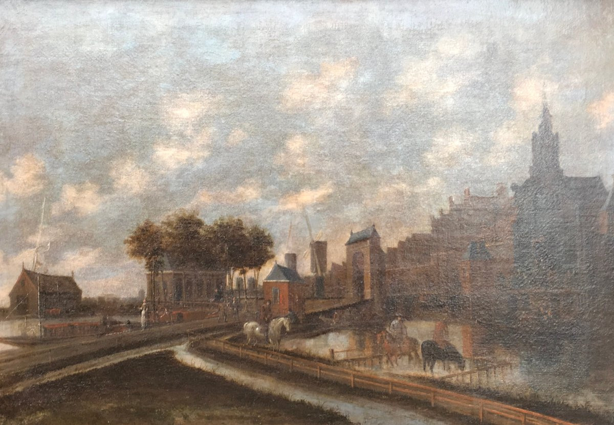 Huile sur toile, paysage. Vue d'entrée de ville animée. Pays Bas Hollande XVIIe siècle.-photo-2