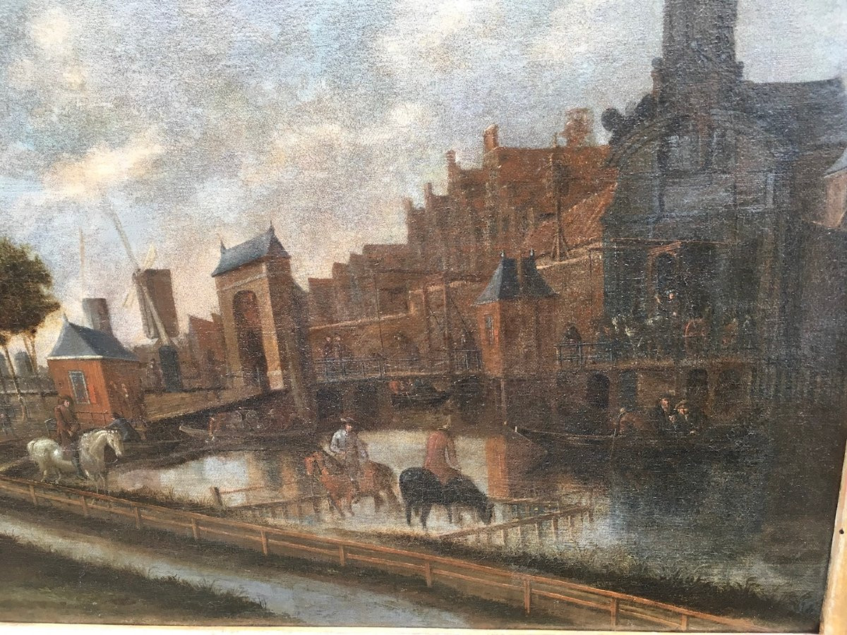 Huile sur toile, paysage. Vue d'entrée de ville animée. Pays Bas Hollande XVIIe siècle.-photo-2