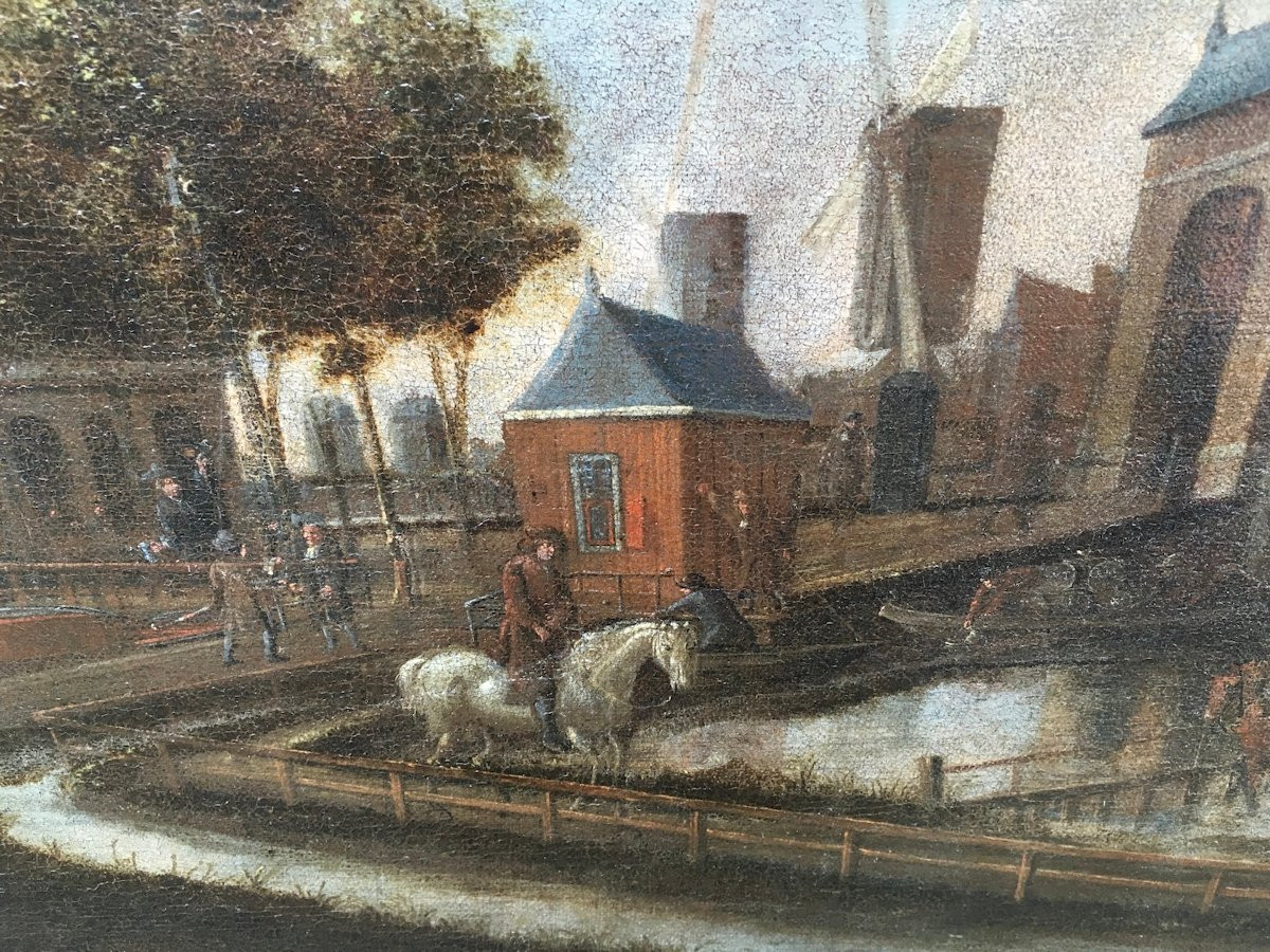 Huile sur toile, paysage. Vue d'entrée de ville animée. Pays Bas Hollande XVIIe siècle.-photo-5