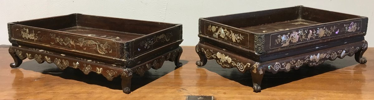 Two Scholar's Trays In Rosewood And Inlaid Mother-of-pearl. Indochina, Vietnam. Late 19th Century. -photo-2