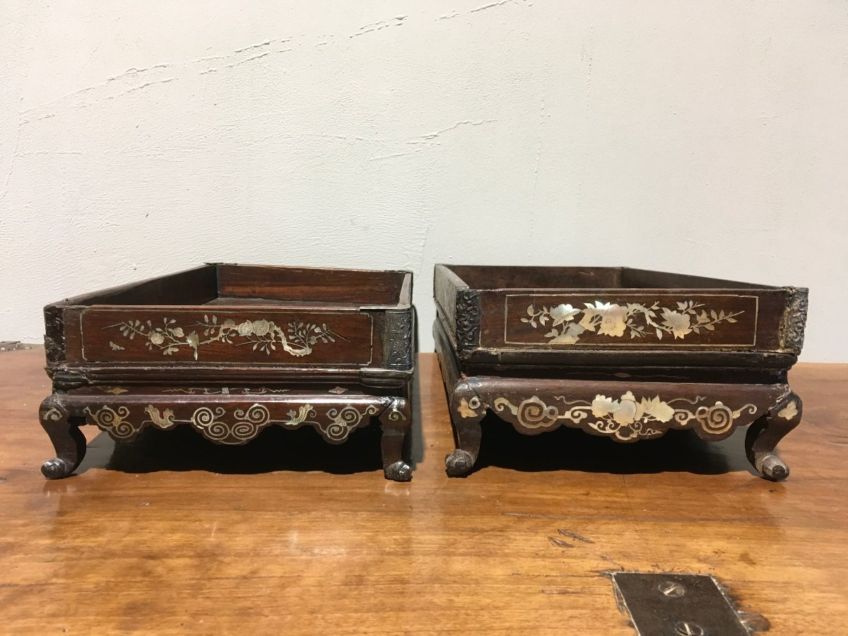 Two Scholar's Trays In Rosewood And Inlaid Mother-of-pearl. Indochina, Vietnam. Late 19th Century. -photo-2