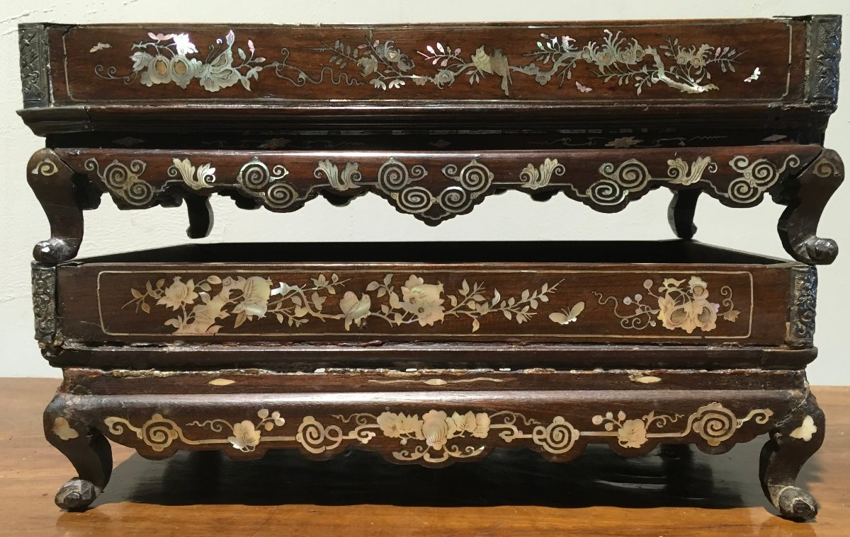 Two Scholar's Trays In Rosewood And Inlaid Mother-of-pearl. Indochina, Vietnam. Late 19th Century. -photo-3