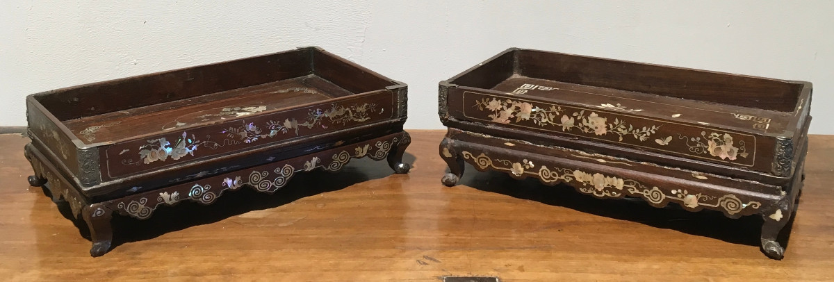 Two Scholar's Trays In Rosewood And Inlaid Mother-of-pearl. Indochina, Vietnam. Late 19th Century. 