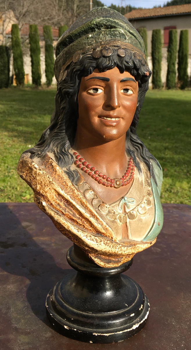 Orientalist Bust Of A Woman On A Pedestal Base. Polychrome Plaster. France, Early 20th Century. 