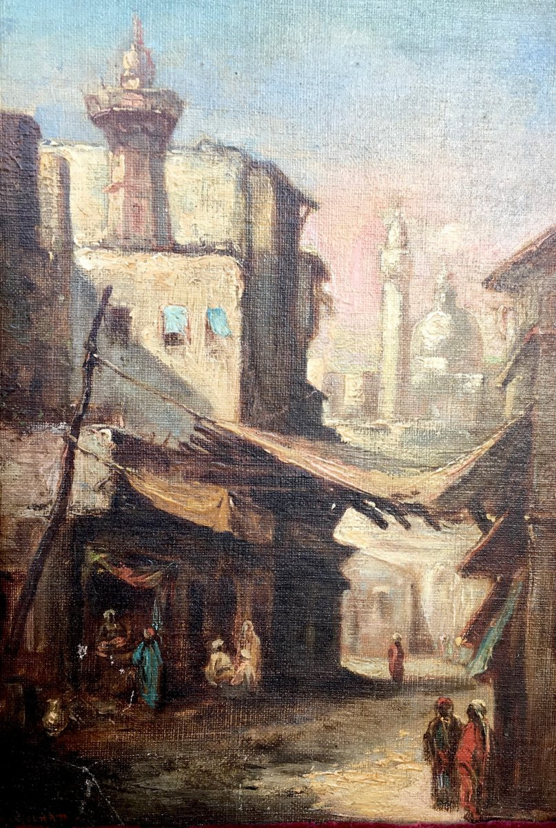 Oil On Canvas, Landscape. View Of The Al-azhar Mosque In Cairo, Signed Marilhat, 19th Century.-photo-3