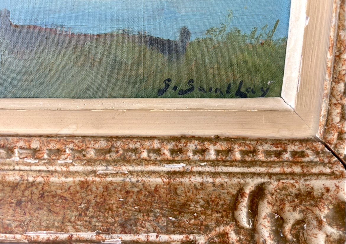 Huile sur toile, vue de "Muret sur Loing" signée S. Saint Lay. Cadre Montparnasse XXe siècle.-photo-2