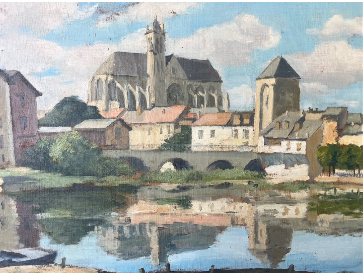Huile sur toile, vue de "Muret sur Loing" signée S. Saint Lay. Cadre Montparnasse XXe siècle.-photo-3