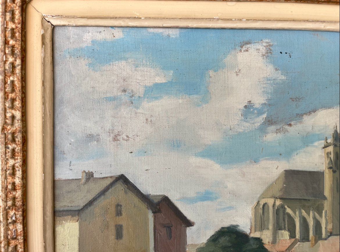Huile sur toile, vue de "Muret sur Loing" signée S. Saint Lay. Cadre Montparnasse XXe siècle.-photo-4