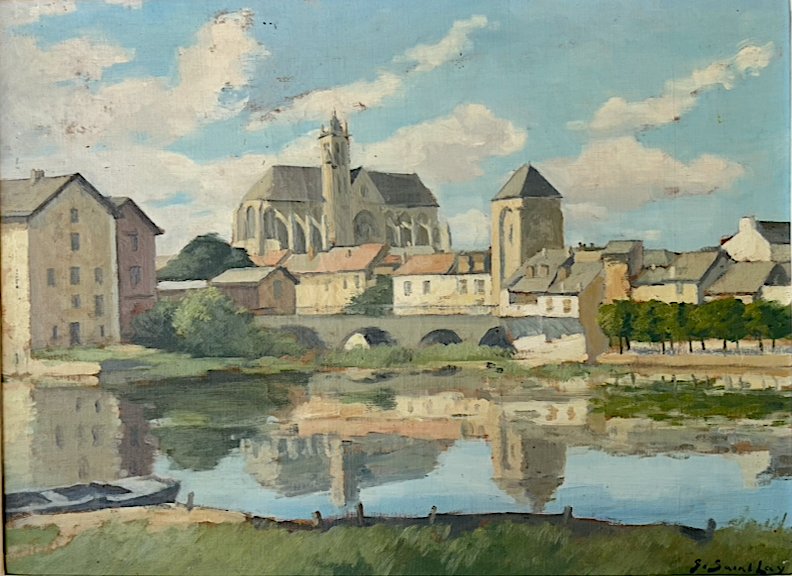 Huile sur toile, vue de "Muret sur Loing" signée S. Saint Lay. Cadre Montparnasse XXe siècle.-photo-1
