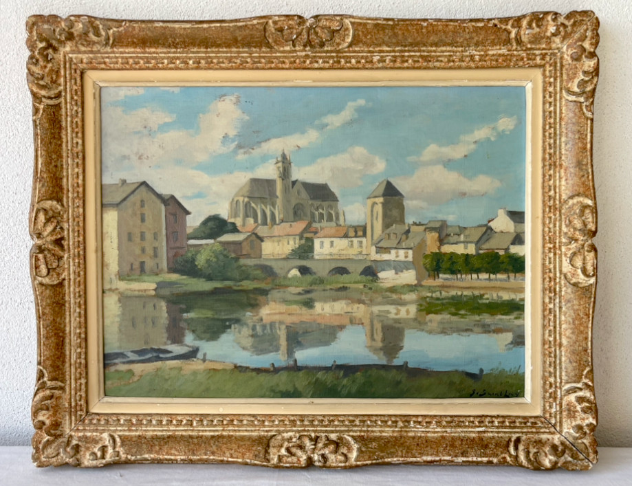 Huile sur toile, vue de "Muret sur Loing" signée S. Saint Lay. Cadre Montparnasse XXe siècle.