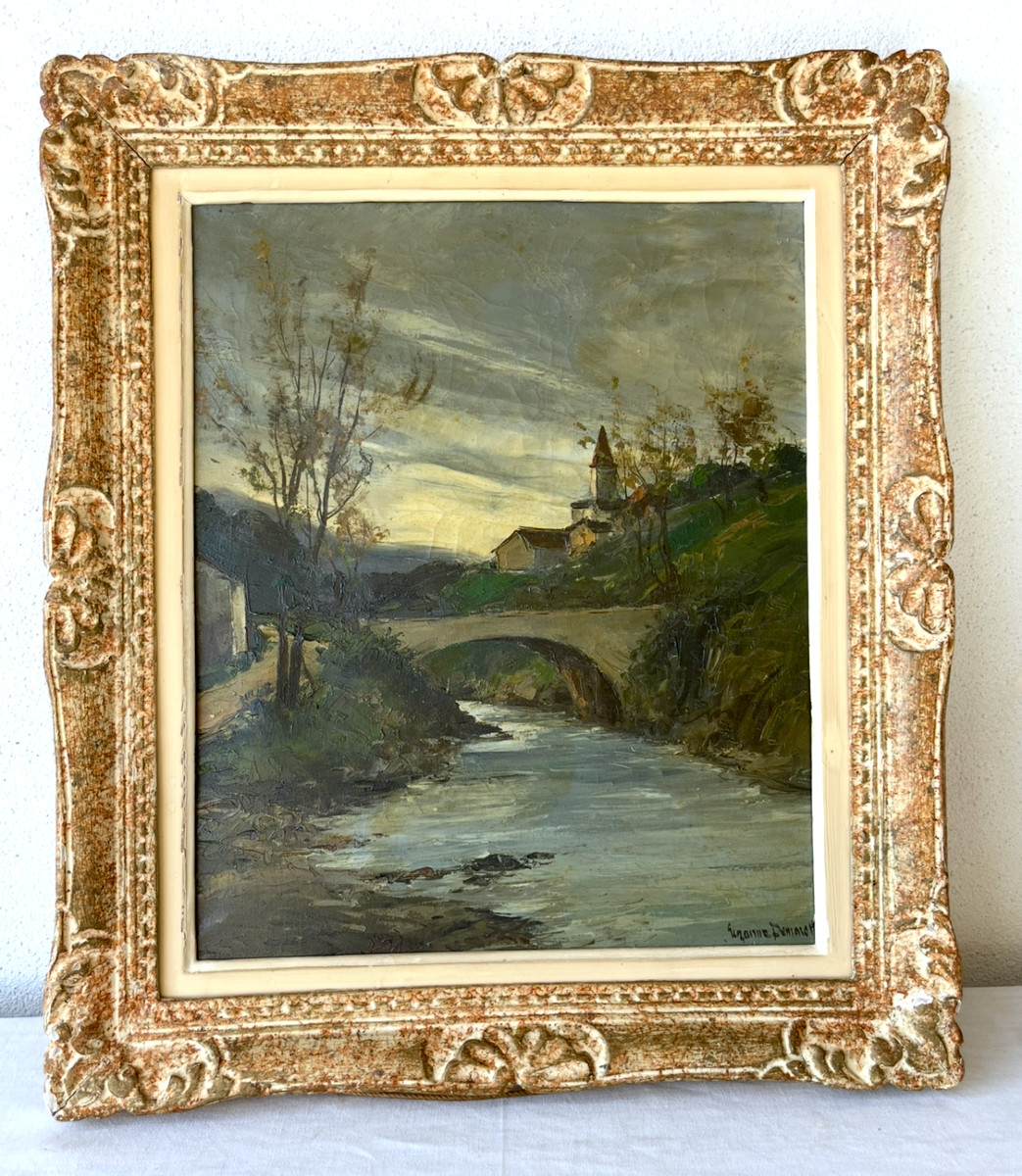 Oil On Canvas, "les Pyrénées" Signed Suzanne. Montparnasse Frame. Mid 20th Century. 