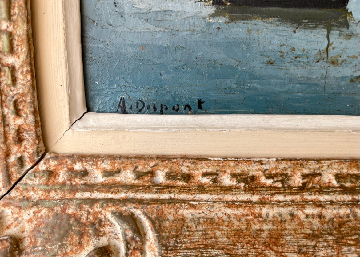 Huile sur toile, vue de "Poulgoazec" signée A. Dupont. Cadre Montparnasse. XXe siècle.-photo-2