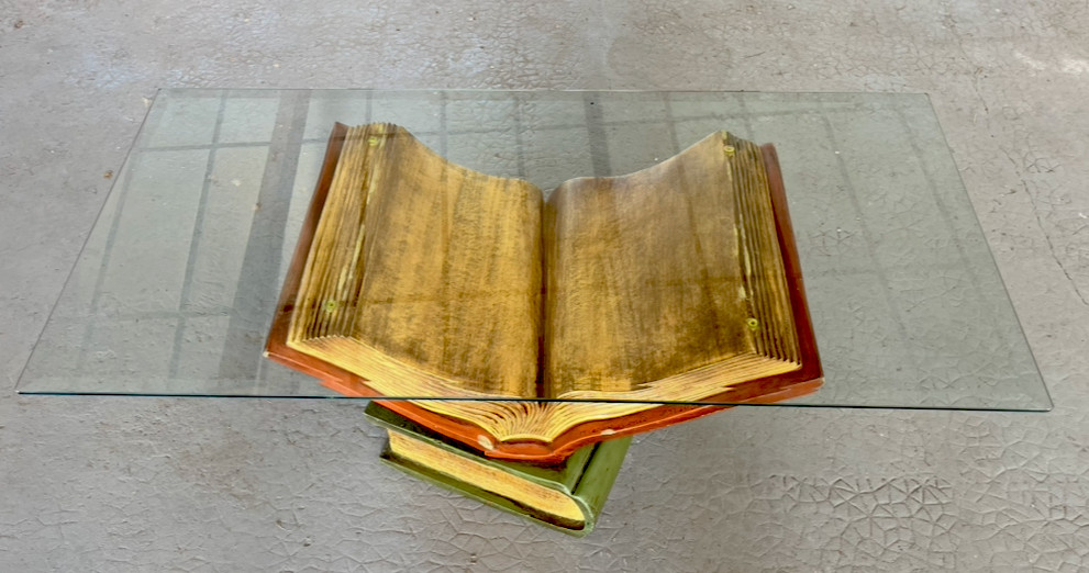 Coffee Table With Bizauté Glass Top, Book-shaped Ceramic Base. France, 20th Century.