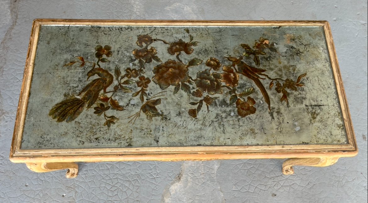 Table basse dans le style "Jansen" en bois laqué et dessus verre églomisé. France milieu XXe -photo-2