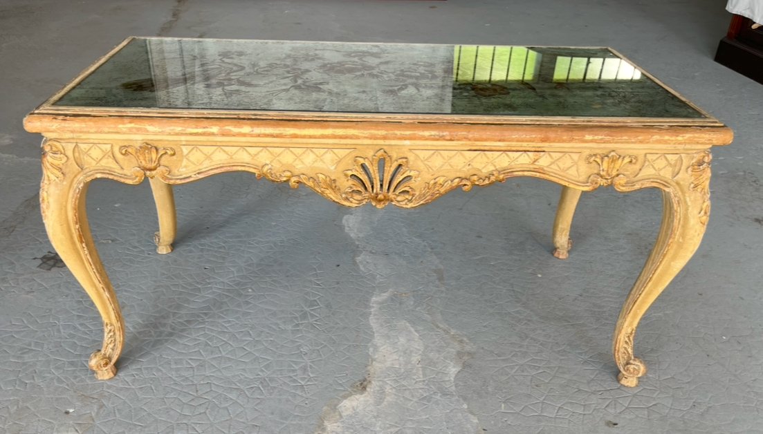 Table basse dans le style "Jansen" en bois laqué et dessus verre églomisé. France milieu XXe -photo-1