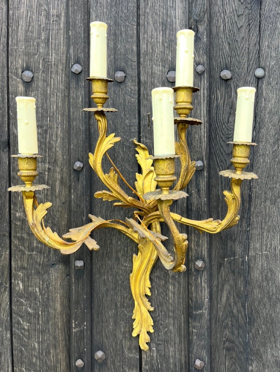 Pair Of Ormolu Rocaille Sconces In The Louis XV Style. France, Mid-20th Century.-photo-3