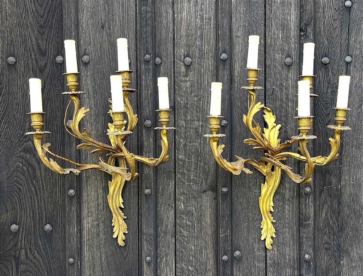 Pair Of Ormolu Rocaille Sconces In The Louis XV Style. France, Mid-20th Century.