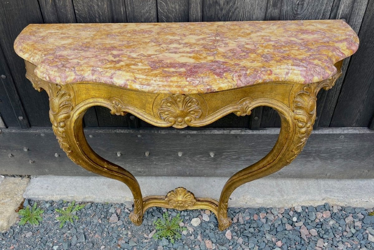 Louis XV Style Gilded Wood Console With Violet Brocatelle Marble Top. Mid 20th Century.-photo-2