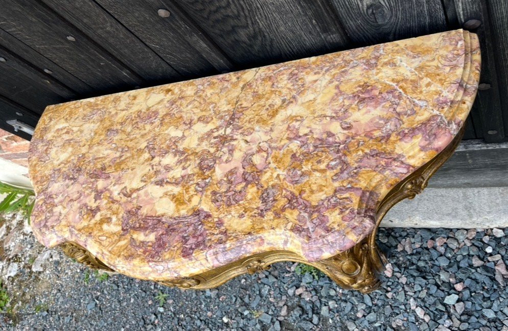 Louis XV Style Gilded Wood Console With Violet Brocatelle Marble Top. Mid 20th Century.-photo-1