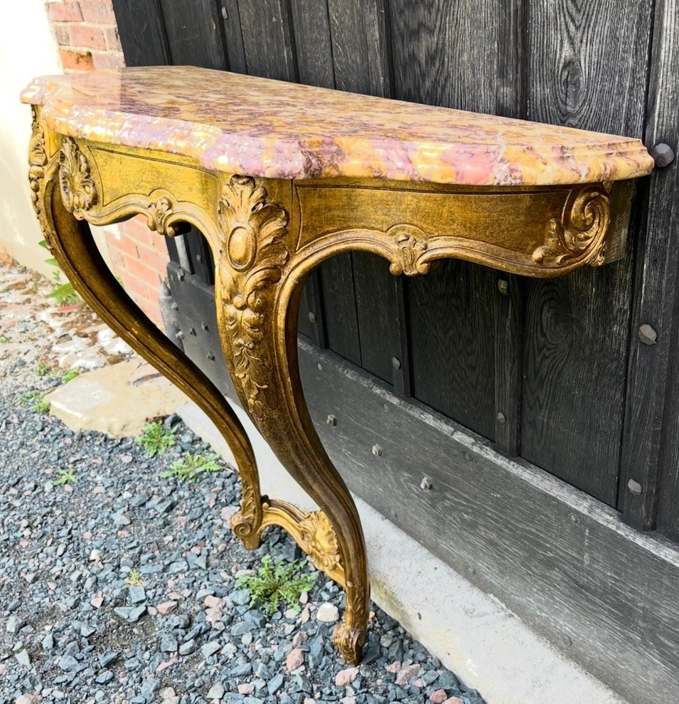 Louis XV Style Gilded Wood Console With Violet Brocatelle Marble Top. Mid 20th Century.-photo-2