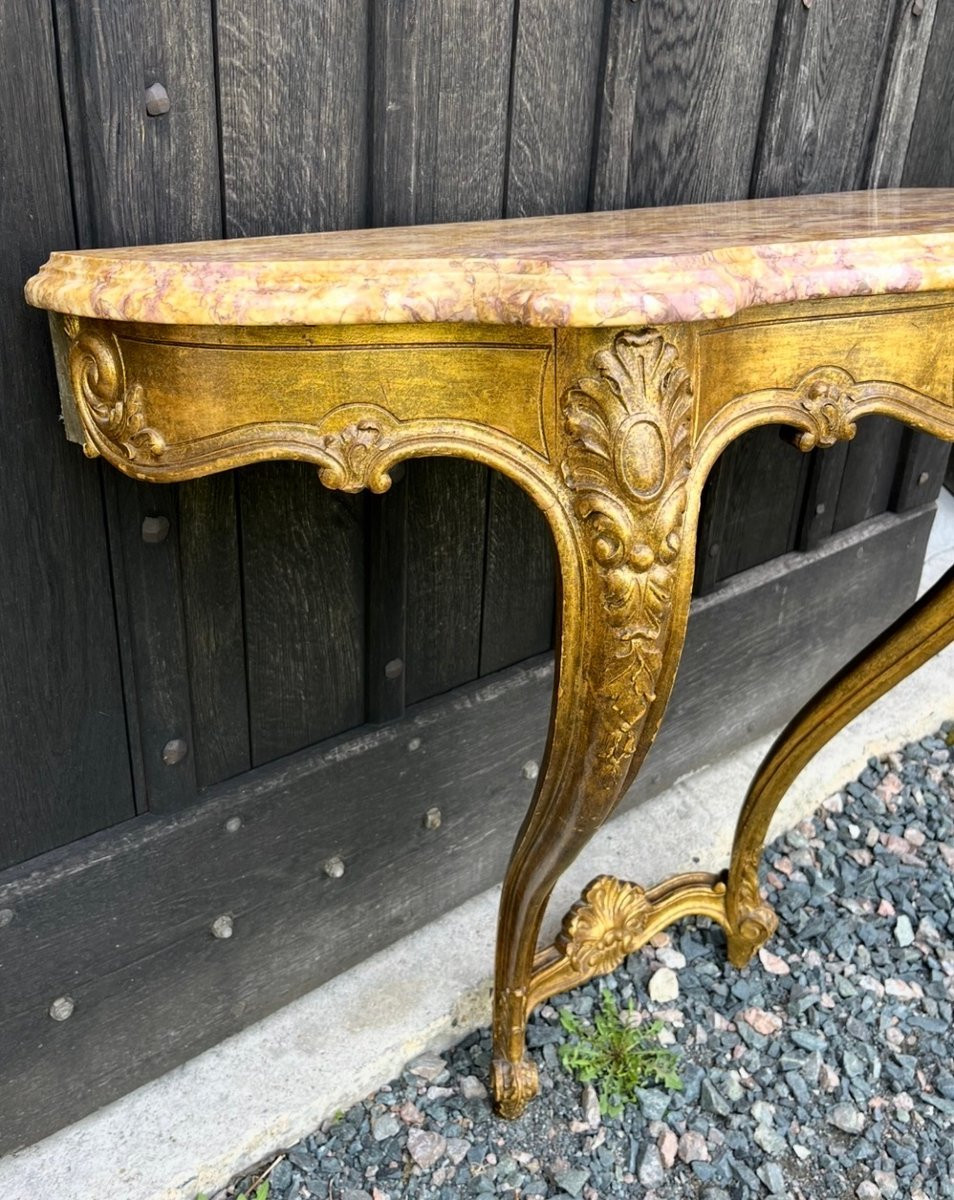 Louis XV Style Gilded Wood Console With Violet Brocatelle Marble Top. Mid 20th Century.-photo-3