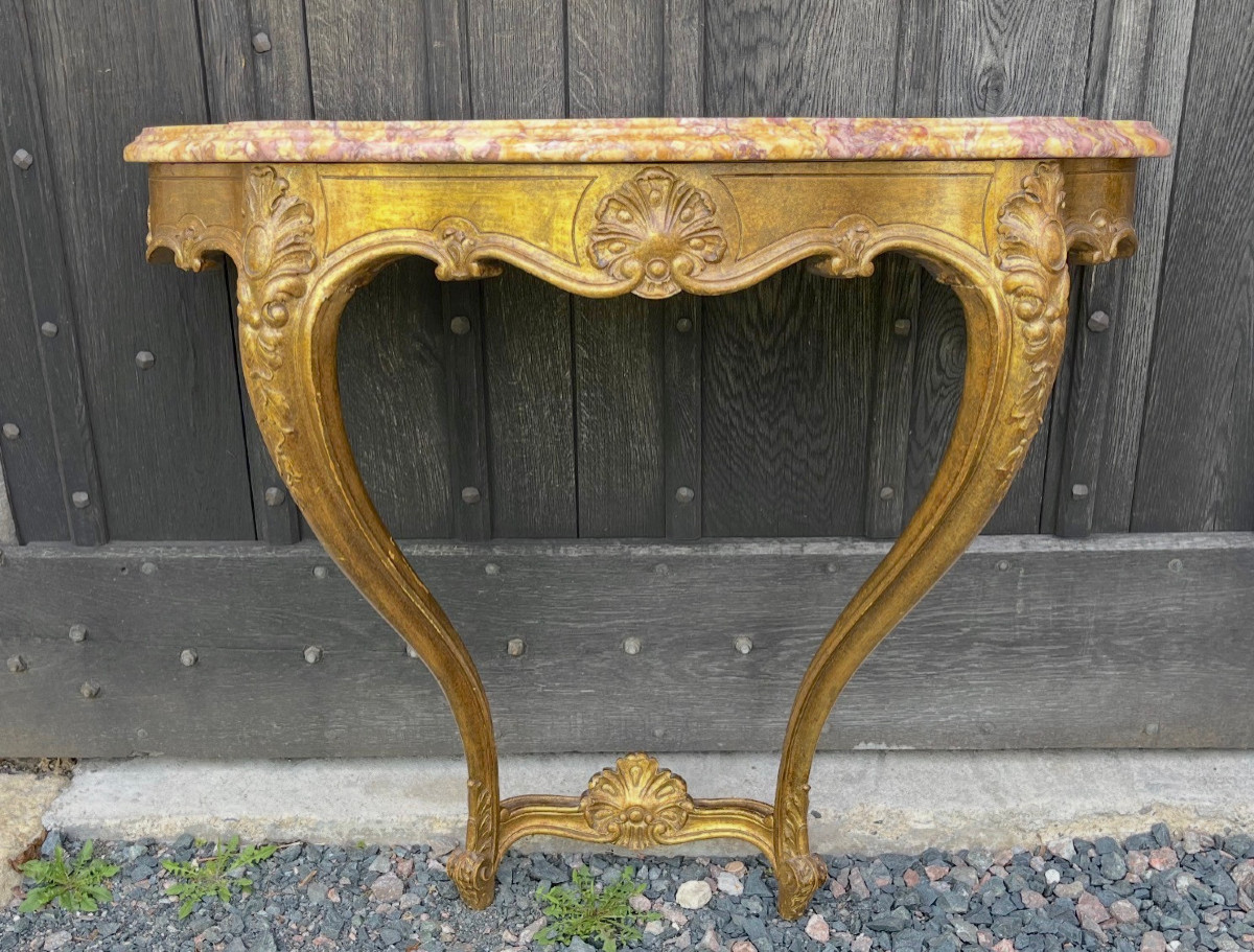 Louis XV Style Gilded Wood Console With Violet Brocatelle Marble Top. Mid 20th Century.