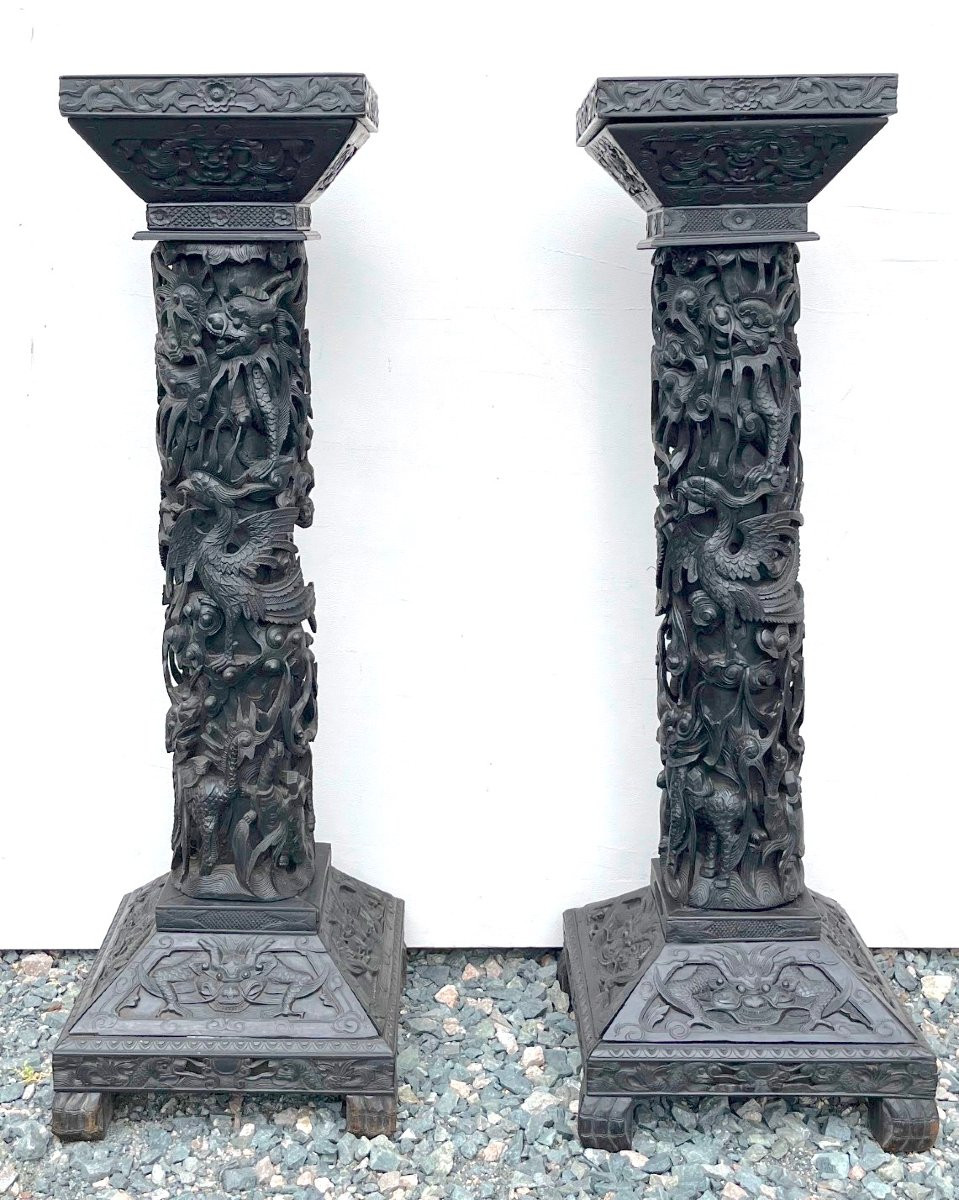 Paire de gaines en ébène massif sculpté et marbre. Asie, Indochine (Vietnam) XIXe siècle. -photo-4