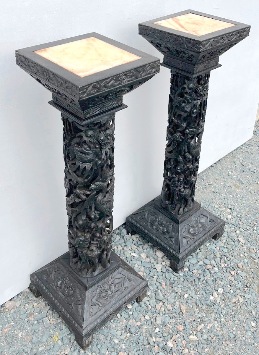 Paire de gaines en ébène massif sculpté et marbre. Asie, Indochine (Vietnam) XIXe siècle. -photo-6
