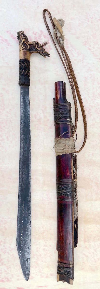 Ancien sabre Mandau en fer, bois de cerf et bois. Dayak, Bornéo (Kalimantan), Indonésie XIXe. -photo-3