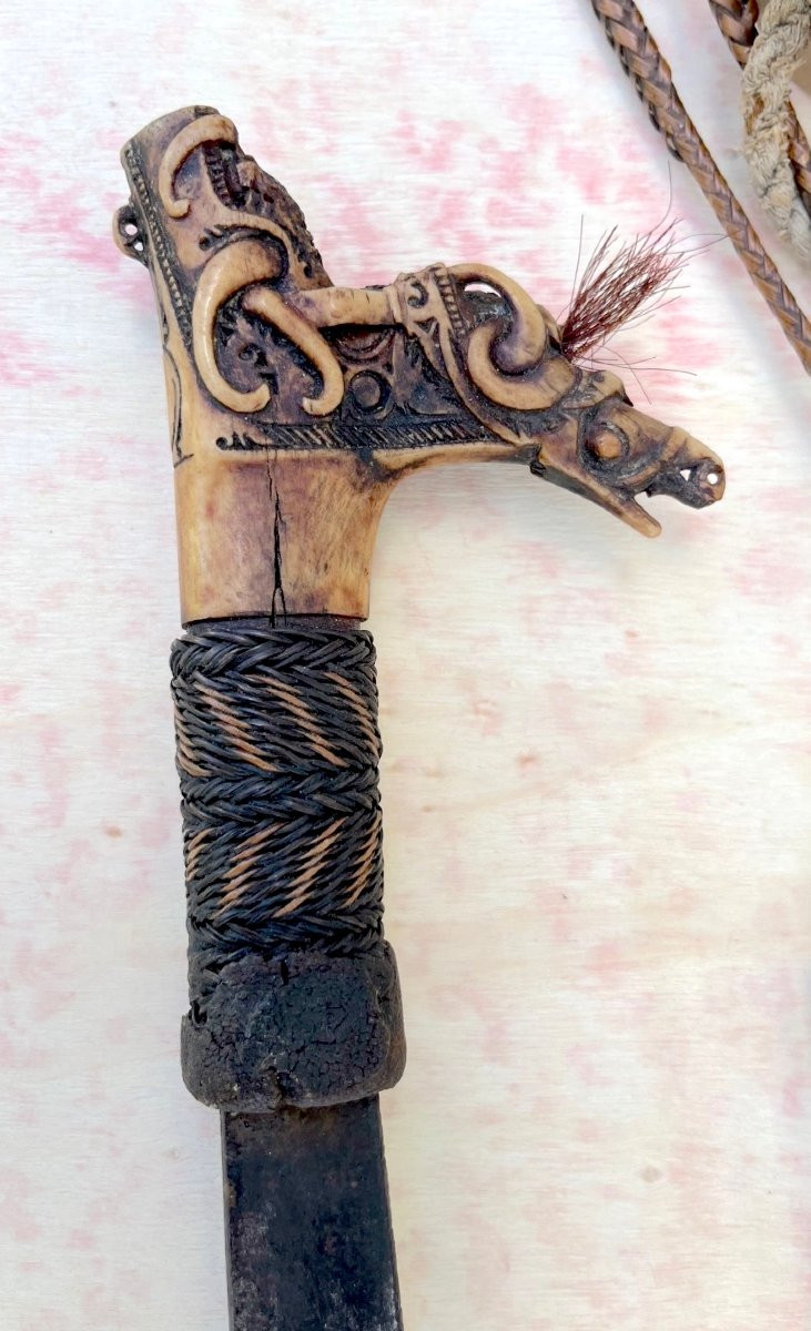 Ancien sabre Mandau en fer, bois de cerf et bois. Dayak, Bornéo (Kalimantan), Indonésie XIXe. -photo-4