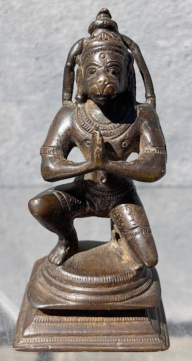 Small Hanuman Bronze Statuette With Brown Patina. Cambodia, India 18th - 19th Century.   