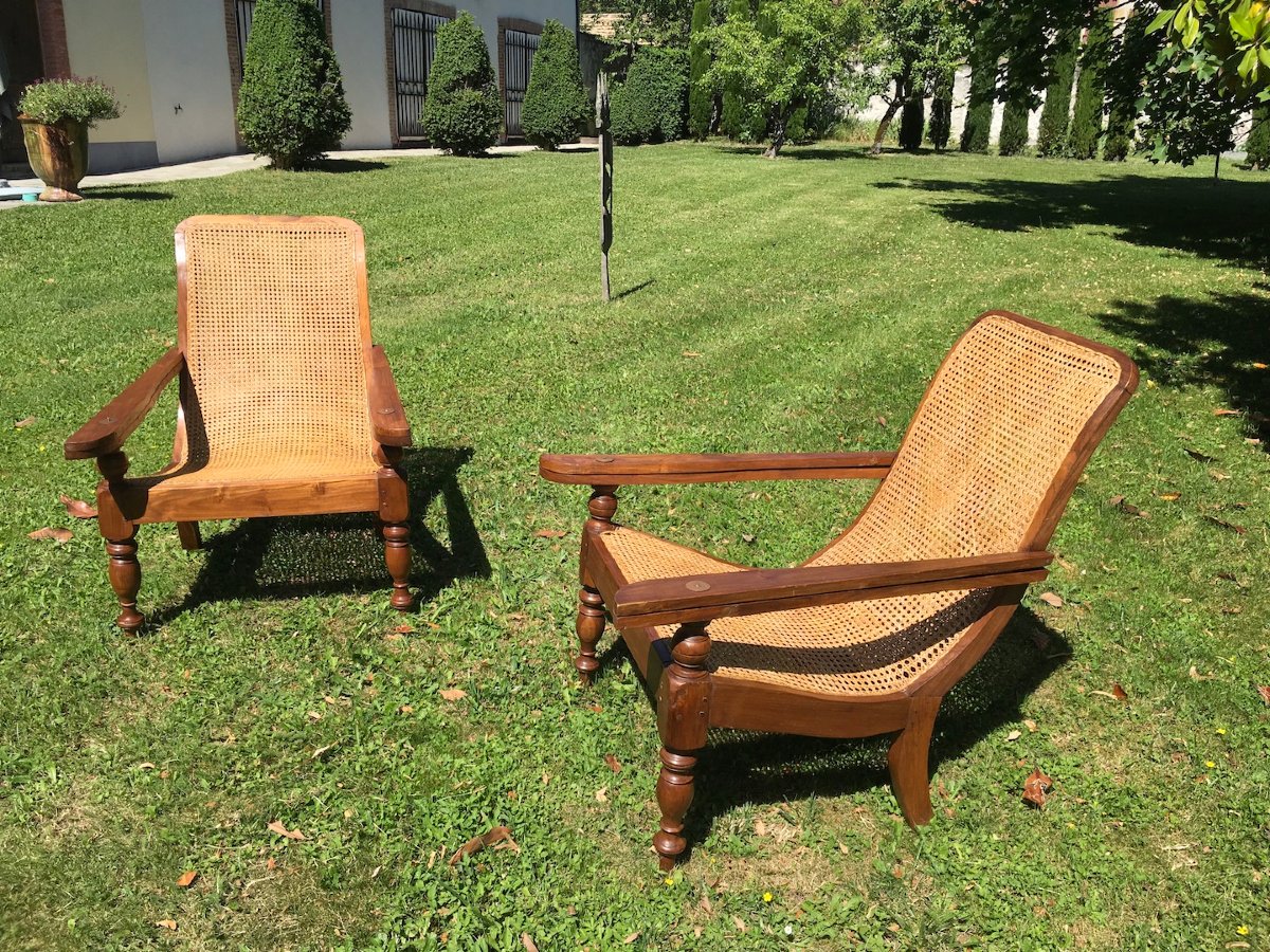 Pair Of Colonial-style Teak Planter Armchairs. Double Caning. Late 19th - Early 20th Century.-photo-2