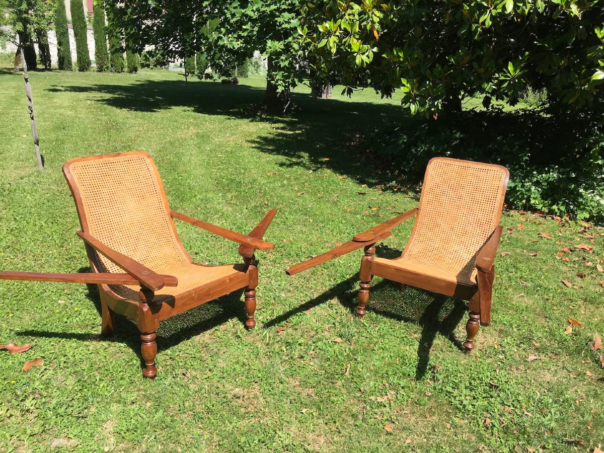 Pair Of Colonial-style Teak Planter Armchairs. Double Caning. Late 19th - Early 20th Century.-photo-1