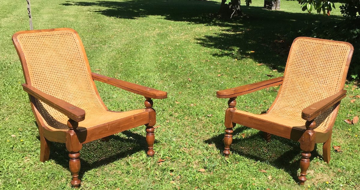 Pair Of Colonial-style Teak Planter Armchairs. Double Caning. Late 19th - Early 20th Century.