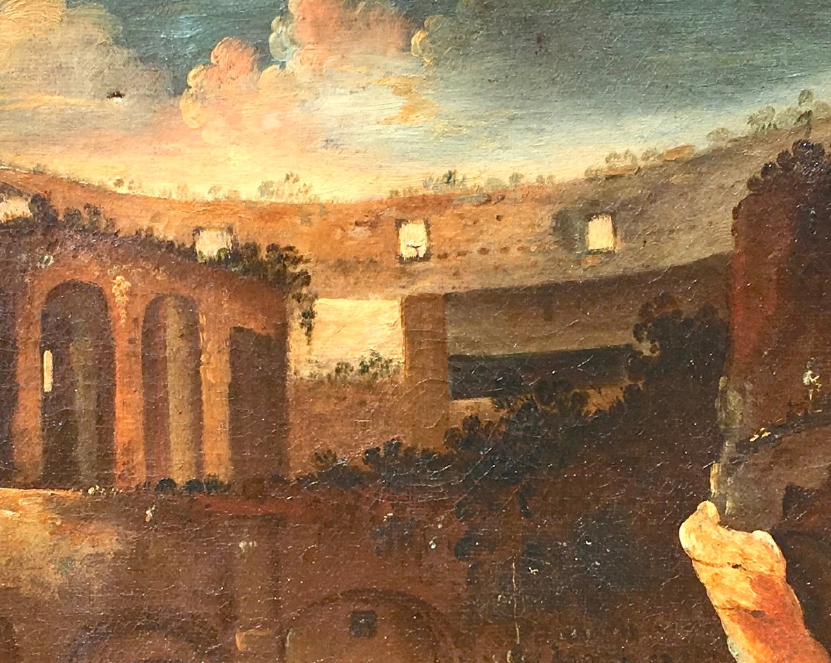 Huile sur toile "Paysage de ruines italiennes". Italie fin XVIIe - début XVIIIe siècle-photo-3