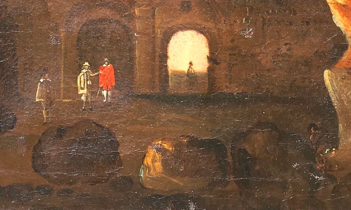 Huile sur toile "Paysage de ruines italiennes". Italie fin XVIIe - début XVIIIe siècle-photo-4
