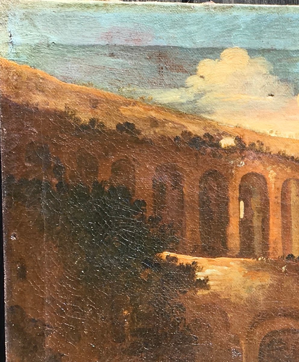 Huile sur toile "Paysage de ruines italiennes". Italie fin XVIIe - début XVIIIe siècle-photo-1