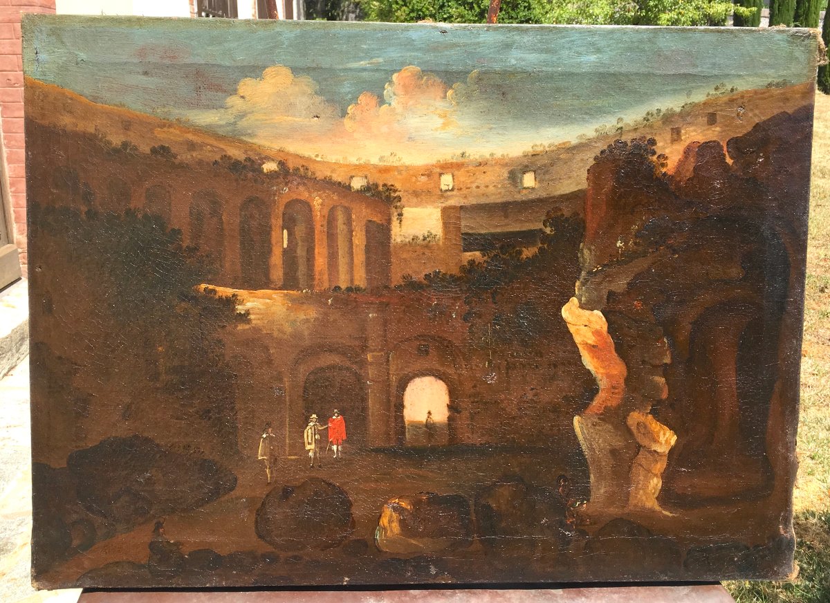 Huile sur toile "Paysage de ruines italiennes". Italie fin XVIIe - début XVIIIe siècle