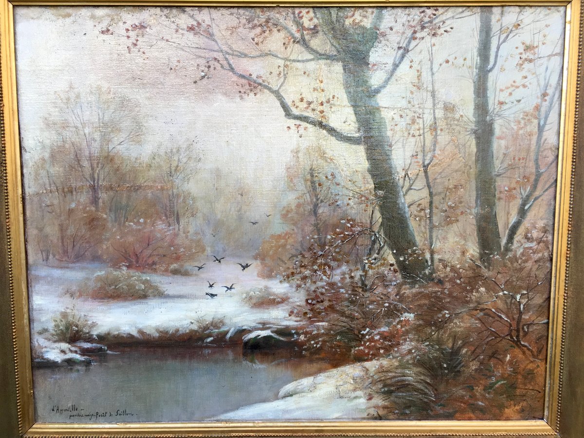 Oil On Canvas, "snowy Landscape In Bresse," Dated And Signed. France, Late 19th–early 20th Century -photo-2