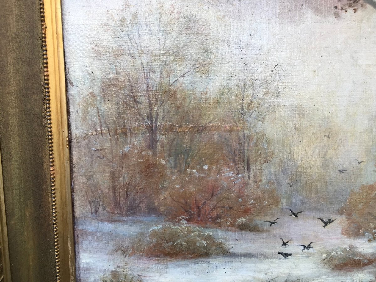 Oil On Canvas, "snowy Landscape In Bresse," Dated And Signed. France, Late 19th–early 20th Century -photo-3